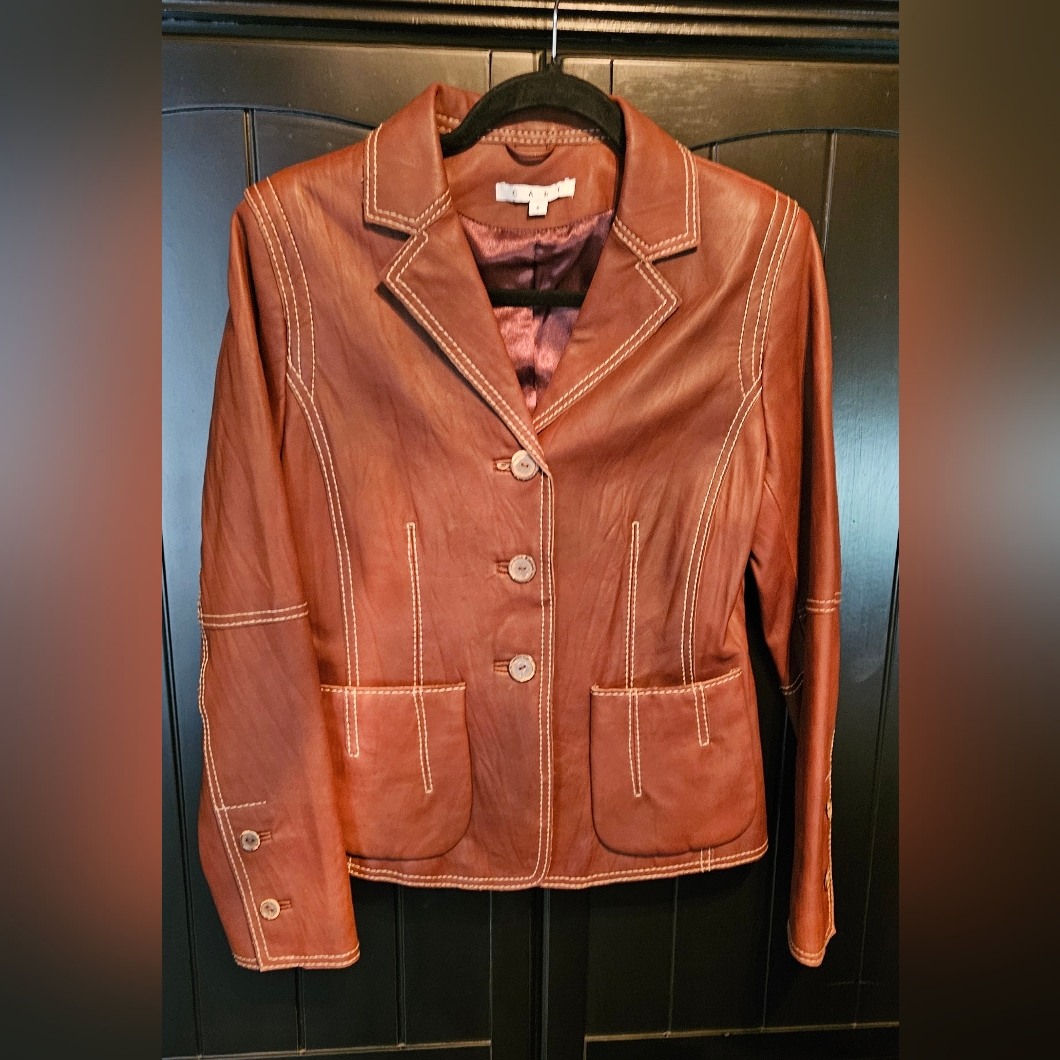 Cabi Brown Leather Lined Blazer With Contrast Stitching